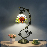 Lampe de table en verre teinté LongHuiJing 8 pouces, base en alliage de zinc, motifs de fleurs et libellules ornés de perles, vente en gros