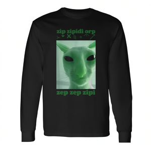 Alien Cat <b>Meme</b> Long Sleeve T-<b>Shirt</b> Green Print Funny Design - Product Image 2