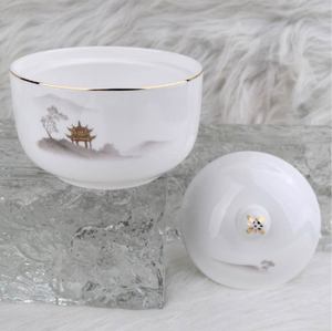 Tazón de Porcelana Pintado a Mano con Tapa, Diseño de Mármol, Borde Dorado, Vajilla Reutilizable para 7-9 Personas - Product Image 2