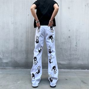 Calças queimadas estilo americano, <span class=keywords><strong>jeans</strong></span> branco estampado em palmeira na rua alta, calça para meninos e meninas com estampa de rua - Product Image 4