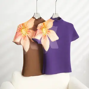 Fabbrica all'ingrosso di alta qualità Miyake pieghettato fiore Top donna stile Casual camicia pieghe t-Shirt manica corta