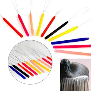 100pcs Colourful Micro Ring Loop Threader Hair Extension Tools Plastic Holder Thread Pulling Needle for Stick I Tip Hair