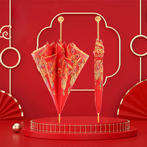 زفاف على الطراز الصيني الجديد مستقيم مقبض طويل خمر الدانتيل التطريز الزواج الأحمر مظلة الزفاف - Product Image 4