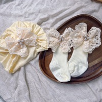 Ensemble bébé fille : Chapeau d'été et chaussettes mi-mollet rose avec nœud de fée fleur de perle, style princesse japonaise