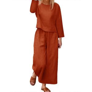 Women's Long-Sleeve Crew Neck Top & Wide-Leg Pants Solid Color Casual 2-Piece <b>Set</b> Fashion - Product Image 3
