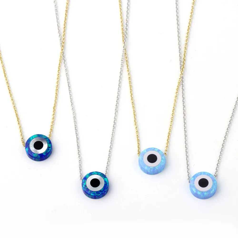 2024 Hot trending 10mm Round Eye Blue Opal Necklace Brass Plating Silver Link Chain Opal Necklace