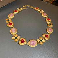Parure de bijoux vintage plaqué or émail floral pour femme, collier cœur en strass, boucles d'oreilles pendantes, bracelet, cadeau de mariage et de fiançailles