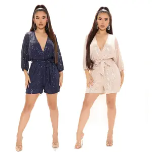 Groothandel Te Koop Sexy Mesh Rompertjes Korte Jumpsuit Voor Vrouw Feestkleding Formele Lange Mouwen Diepe V-hals Mesh Sequin romper