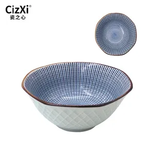 China factory wholesale 5" inner blue octagonal under glazing embossed ceramic Japan noodle soup rice food bowl