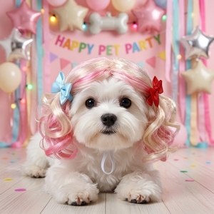 Peluca para Mascotas HLC Personalizada Rosa y Azul, Peluca de Cola de Caballo Punk para Perros y Gatos, Pelucas Rizadas con Lazo para Halloween y Fiestas de Disfraces - Product Image 1
