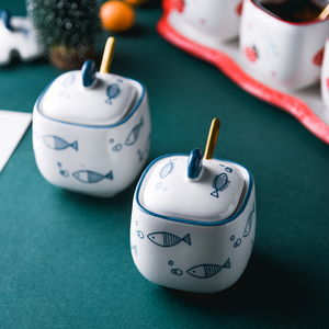 Retail Wholesale Vintage Cartoon Porcelain Eco-Friendly Seasoning <strong>Pot</strong> Set Spoon Hand-Painted Strawberry Blue <strong>Fish</strong> Pattern - Product Image 3