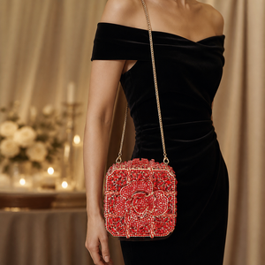 AU01 Bolso de Mano Tipo Clutch Rojo con Cristales para Mujer, Bolso de Noche con Pedrería, Bolso de Mano con Diseño Floral para Bodas, Fiestas y Eventos - Product Image 6