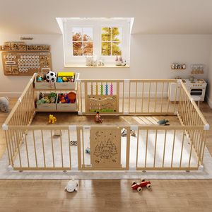 Box per Bambini Grande in Legno, Recinto Regolabile per Neonati e Bambini, Centro Attività con Cancello Bloccabile - Product Image 1