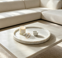 Plateau rond en marbre blanc naturel, plateau de décoration en pierre, plateau de vanité, plateau de service alimentaire, rangement pour bijoux et cosmétiques, décoration pour la maison et l'hôtel, personnalisable