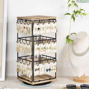 Iron Wood Combination Rotating Jewelry Rack With Earring Ring Storage Desktop Organizer Multi Layer Display <b>Stand</b> - Product Image 1