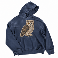 OEM Sweat à capuche streetwear vintage épais bleu marine délavé, avec patch graphique personnalisé motif hibou en tapisserie, coupe oversize, pour homme