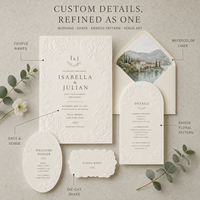 Papeterie de mariage de luxe à motifs floraux en relief, Bordure de pivoine en relief coudé, Cartes d'information de mariage découpées sur mesure