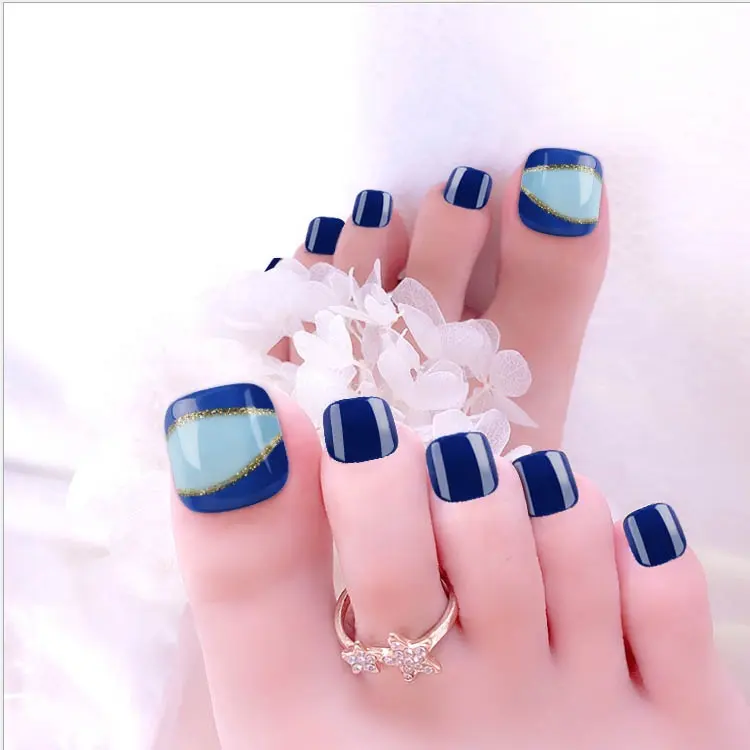 Toe Nails Tips Artificial Nails Silver Color Flower Design False Toe Nails Pedicure