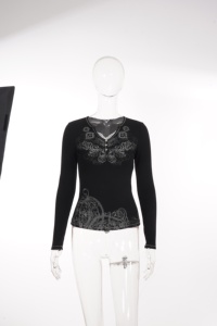 Women's Lace Trim V Neck Long Sleeve Top Paisley Print Slim Fit Button Front Stretch Knit Vintage <b>Gothic</b> Y2K Streetwear T-<b>shirt</b> - Product Image 6