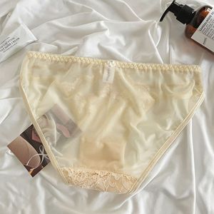Braguitas de bikini de encaje transparente para mujer, de talle bajo, con tiras cruzadas y lazo decorativo, lencería sexy elástica y suave para mujer, OEM ODM - Product Image 2