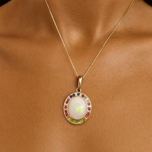 Yellow Gold <b>Necklace</b> with <b>Opal</b> Charm and Gemstone Halo Elevate your ensemble with this captivating yellow gold charm <b>necklace</b> - Product Image 6