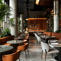 Ensemble de mobilier commercial Ron Group pour hôtels et restaurants : Table ronde en marbre et banquette rembourrée en velours, chaise en cuir et tissu