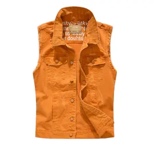 Herfst Heren Vest Vintage Denim Jeans Vest Mannelijke Oranje Mouwloze Jassen Mannen Klinknagel Gat Jeans Vesten