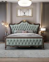 Cama Matrimonial Moderna de Lujo Tapizada en Cuero con Diseño Tufted, Estructura de Madera de Roble Macizo con Tallado Dorado, Muebles Ecológicos para Dormitorio