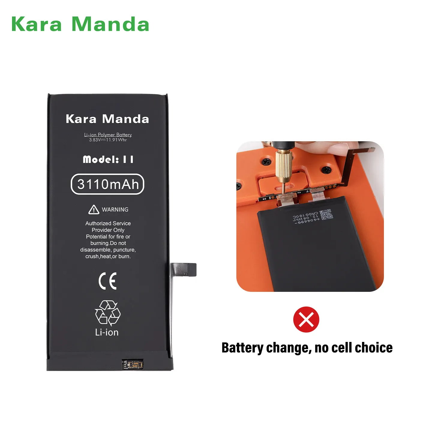 Kara Manda New Upgrade 100% Battery Health Solve Popup Repair Replacement Phone KM Battery for iPhone 11 Battery