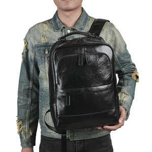Men's Genuine Leather <b>Backpack</b> Large Capacity 36-55L Solid Color <b>Black</b> Casual Outdoor Travel <b>Backpack</b> With Interior Zipper - Product Image 1