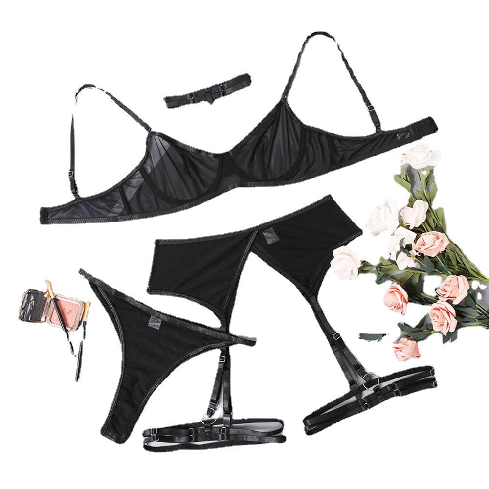 Sfy3702 Bulk Three Point Sexy Lingerie Mesh Bralette Underwear 3pcs Erotic Lingerie Bra and Panties Set With Garter for Women