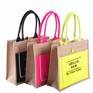 Eco-friendly Reusable Coated Linen Burlap With Your Logo Hemp Gunny Shopping Beach Jute Tote Bag Custom Handle Custom Jute Bag
