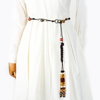 Ceinture tressée bohème pour femme en corde cirée avec perles ethniques et pompon, longue chaîne décorative polyvalente pour robes