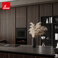 Armoire de cuisine Alland de style minimaliste noir, en placage de noyer à grain vertical, avec porte cannelée personnalisée et îlot supérieur mat