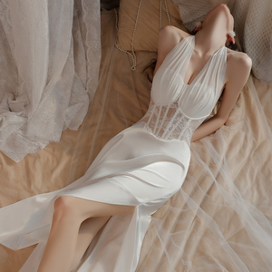 Sexy Lace Mesh Deep V Gathered Steel <b>Ring</b> Suspender Nightgown High <b>Split</b> Halter Backless Silky Satin Nightdress - Product Image 3