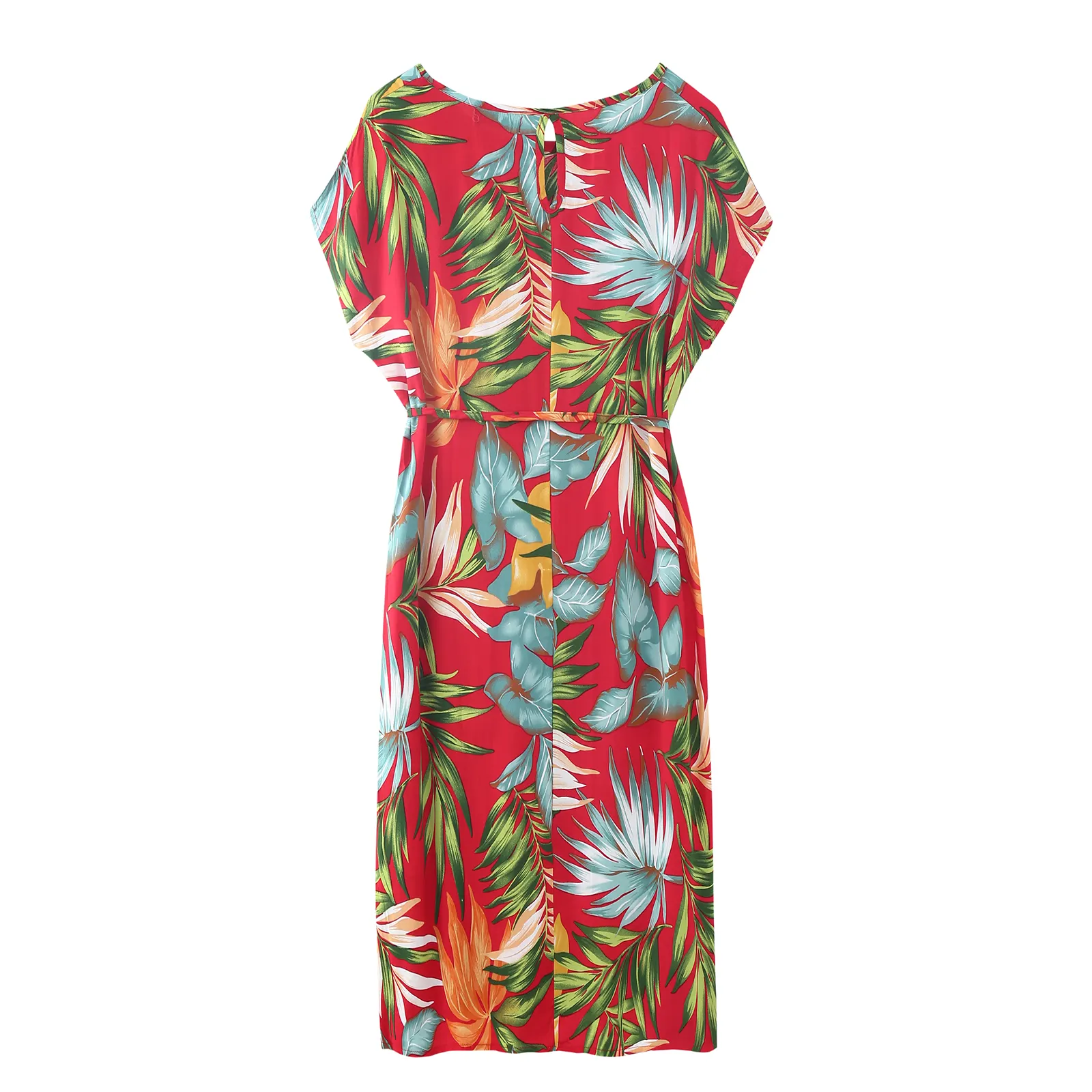 Summer short sleeve women puls size loose belt red jacquard dress printed green leaf pattern floral dress