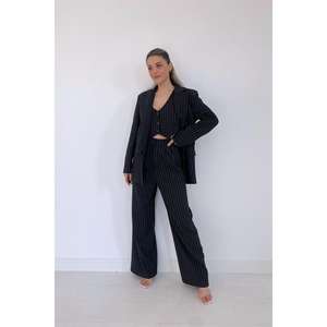 Modern Women's Black Striped <b>Jumpsuit</b> High Waist <b>Wide</b> <b>Leg</b> <b>Casual</b> Office Wear - Product Image 3