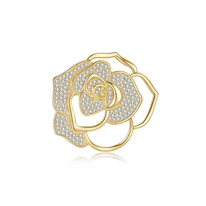 Bruiloft Pak Decoratie Messing 18K Goud Pvd Vergulde Metalen Zirkonia Rose Bloem Pin Broche