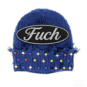 Gorro de punto con pedrería y perlas para mujer, cálido para invierno, de color sólido, elástico, transpirable, a prueba de viento, protección solar - Product Image 3