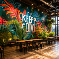 Papier Peint Mural Moderne Feuilles de Jungle Fond Vert Teal Foncé Motif Géométrique Résistant à l'Humidité pour Hôtels, Salons et Espaces de Divertissement