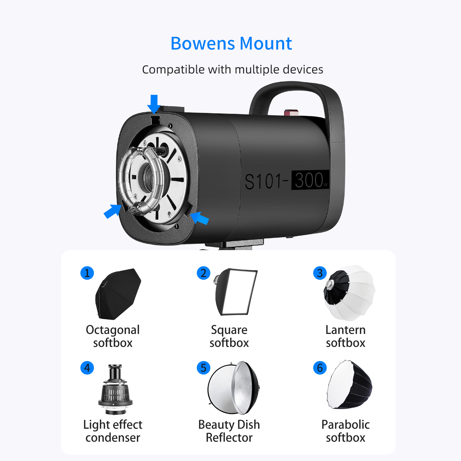 thumbnail image 2 of Neewer S101-300W Studio Monolight Strobe Flash - 5600K, Bowens Mount, Optical Slave, With Silent Cooling Fan 2 of 10