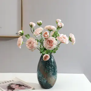 Novo design com 2 cabeças de toque real, flores artificiais de camélia com flores, flores de flores artificiais cor-de-rosa para decoração de carros e casamentos, com aparência natural e folhas