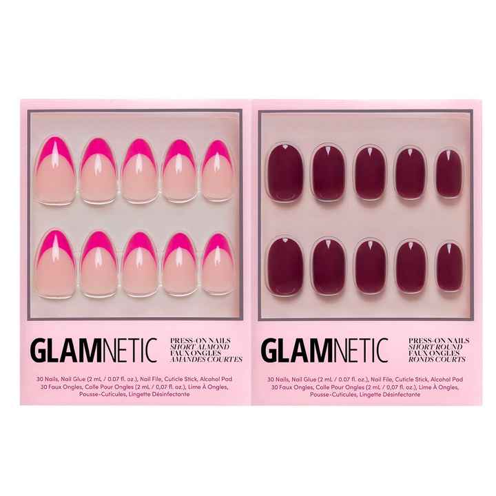Glamnetic Press-On French Tip Short Almond False Nails Raspberry Sorbet Berry Maroon Semi-Transparent Magenta Pink Nail Supplies