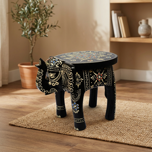 Taburete de Madera Hecho a Mano con Diseño de Mandala, Decoración Bohemia para el Hogar, Mesa con Patrón Negro y Dorado, Forma de Animal - Product Image 2