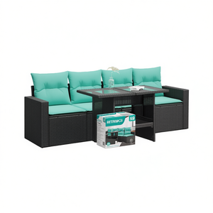 Ensemble de canapé de patio en polyrotin noir Retravos, 5 pièces, avec coussins, meubles d'extérieur, design moderne, places pour 5 personnes - Product Image 1