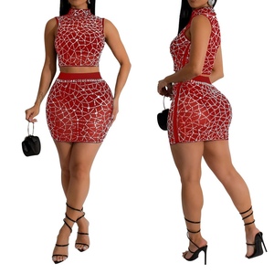 Women's <b>Rhinestone</b> Mesh Sleeveless Round Neck <b>Top</b> With Pencil Skirt and Panties 2-Piece Set Fashion - Product Image 6