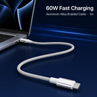 Câble USB PD 60W, design brillant, en alliage d'aluminium tressé, compatible avec ordinateur portable, moniteur, téléphone portable
