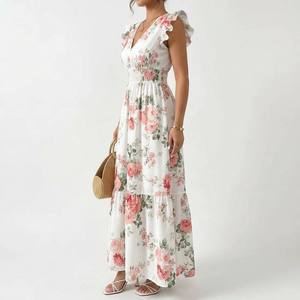 Vestido Maxi de <span class=keywords><strong>Verano</strong></span> para <span class=keywords><strong>Mujer</strong></span>, Estilo Vintage, Elegante, Transpirable, Estampado Floral, Corte en A, Sin Mangas, Cuello en V, con Volantes, Natural - Product Image 2