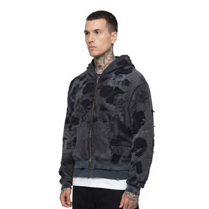 Sudadera con capucha para hombre, 100% algodón, lisa, de invierno, con efecto desgastado, de tejido waffle, con cremallera, oversize, vintage, ecológica, con capucha frontal - Product Image 4