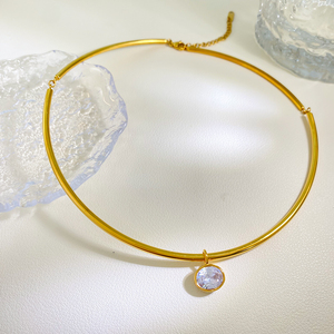 18K PVD Gold Plate Stainless Steel <strong>Necklace</strong> Classic White Circle Shaped Zircon Pendant <strong>Choker</strong> <strong>Necklace</strong> - Product Image 3